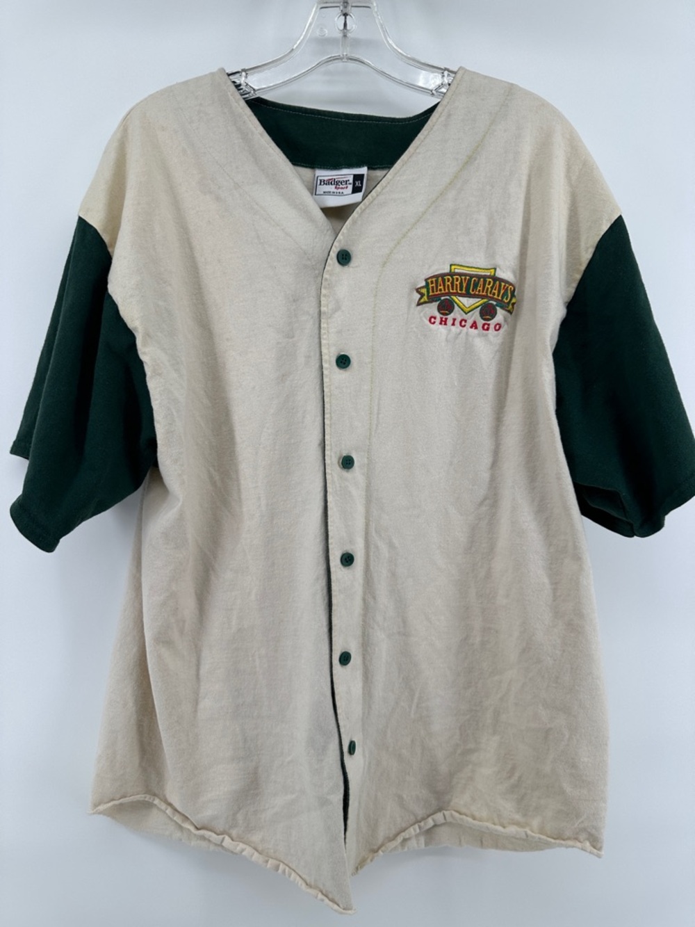 Harry Caray's Chicago Baseball Button-Up Jersey - Cream & Forest Green Men’s XL